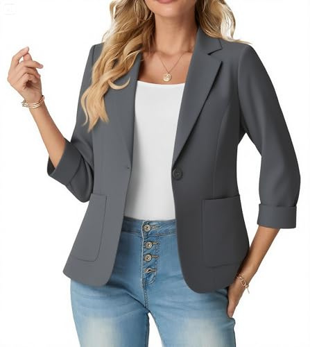 GRECERELLE Womens Blazer Suit Elegant 3/4 Sleeve Notch Lapels Collar Jackets Business Work Office Cardigans Jacket Suiting & Blazers with Pockets Button for Ladies (Dark Grey, 14)