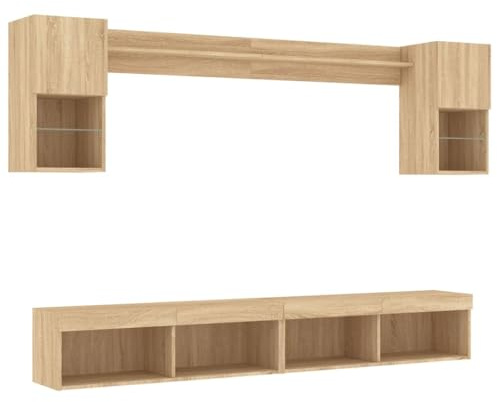 vidaXL TV Wall Units 6 Piece with LED, Floating TV Unit for Living Room Office, Wall Mounted TV Cabinet, Modern Style, Sonoma Oak Engineered Wood