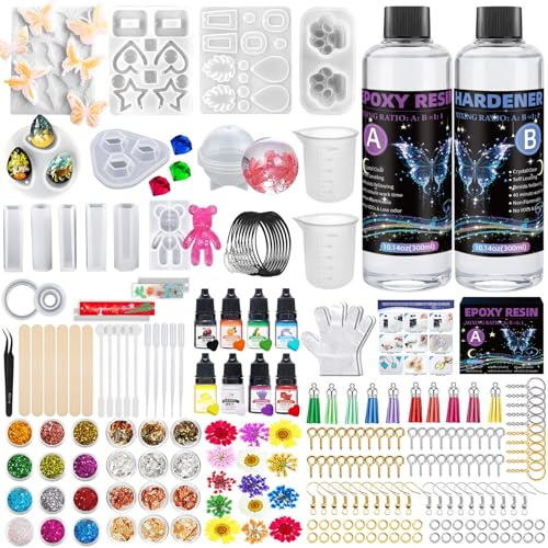 Epoxidharz Set Anfänger 600ml,1:1 Verhältnis Glasklar Gießharz Sets mit Epoxidharz Formen,Farben,Pailletten,Harz Gießen Zubehör,für Schmuckherstellung Schlüsselanhänger Anhänger
