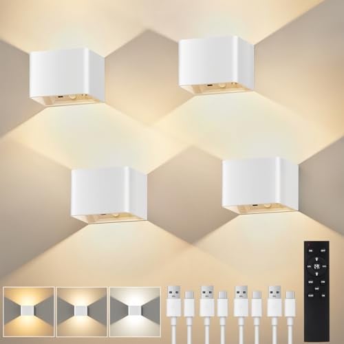 VIWAVE 4er-Set Akku Wandleuchte Innen mit Bewegungsmelder, Weiß | 3 Farbtemperature, Stufenlos dimmbar, Fernbedienung, 5200-mAh-Akku, 0.5/1h Timer, Dauerlicht/Sensormodus, Bohrfreie Montage