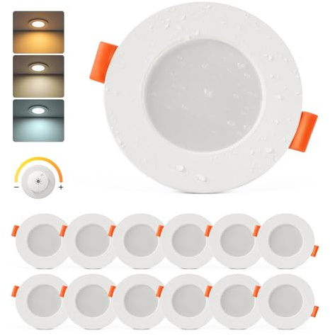 Sineyon Einbaustrahler LED Dimmbar, 4W LED Spots 230V, 3CCT, 12er Set | Warmweiß Neutralweiß Kaltweiß Deckenspots, 65-80mm Lochmaß, 25mm Ultra Flach, 370LM, IP44 Spots Deckenleuchte für Badezimmer