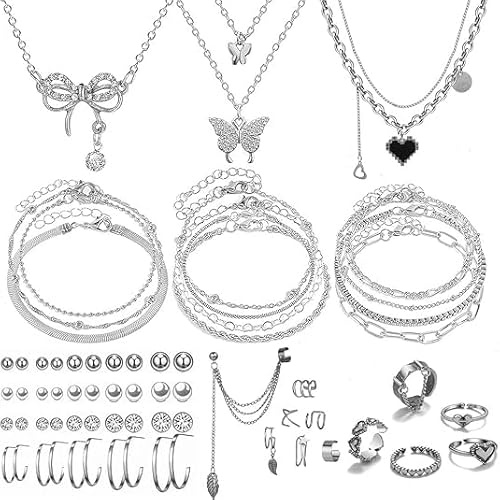 CHarmeFleur 47 Stücke Goldschmiedeset Mit 3 Halsketten, 11 Armbändern, 20 Stecker Ohrringen, 7 Ringen Für Frauen Als