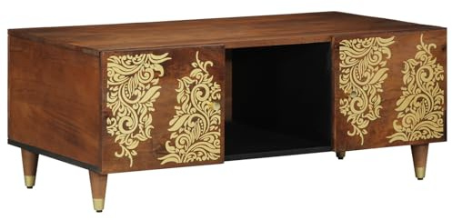 JHQHSM Table basse en bois d'acacia 100 x 54 x 40 cm avec surface marron miel – Table de salon rustique avec étagère intégrée et deux portes d'armoire – Meuble stable