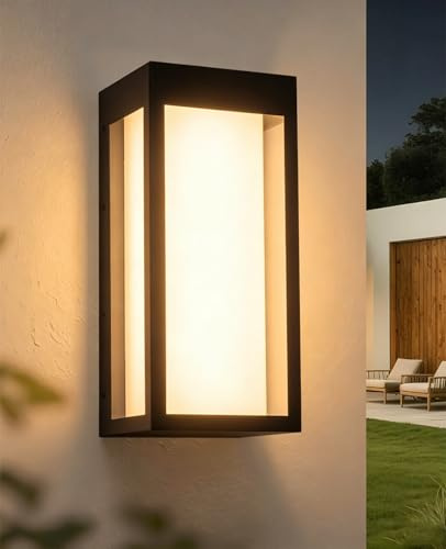 FTL 12W LED Wall Lights, Modern Outdoor Lighting, Black Porch Wall Light | 3000K Warm White Outside Lights, Glass Exterior Wall Sconce, Ideal for Front Door, Garage & Garden, Hallway, Waterproof