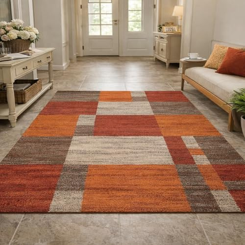 KTYUTJDH Teppiche,Moderne geometrische Farben: Braun, Orange, Terrakotta-Rot, Beige, Grau Square 150 x 150 cm, Teppich für Wohnzimmer Couchtisch Schlafzimmer Deko küchenteppich,