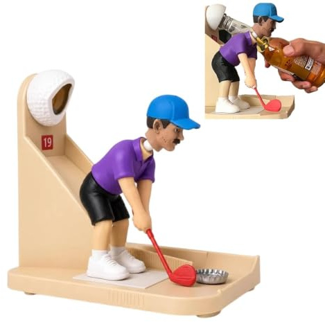 Golf Flaschenöffner – Flaschendeckel per Schwung wegschlagen | Mit Auffangschale für Kronkorken, Kunststoff-Golffigur mit 19er-Schild, lustiger Hingucker für Bar, Party & Grillen
