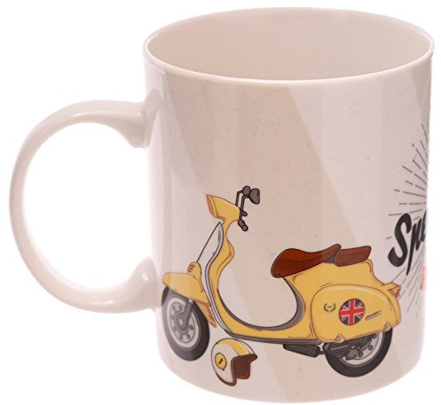 Puckator MUG247 Tasse aus feinem Porzellan Scooter von Jack Evans Weichporzellan gelb, orange, blau, weiß, braun 11 x 8,5 x 9,5 cm