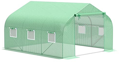 Outsunny Serre de Jardin Tunnel Surface Sol 10,5 m² 3,5 x 3 x 2 m châssis Tubulaire renforcé Porte zippée 6 fenêtres enroulables Vert