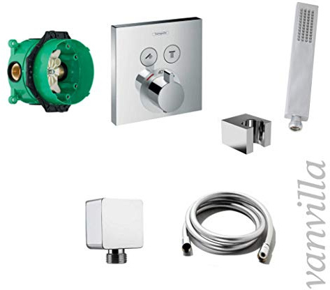 vanvilla Wannenset Unterputz mit Wannenarmatur Hansgrohe poliert HG60 | Wannenarmatur von Hansgrohe Shower Select Thermostat Armatur und vanvilla Handbrause eckig, Wannen-SET poliert