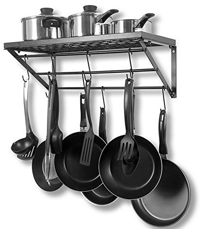 Kitchen Pan Rack, Wall Mounted Metal Hanging Rack Kitchen Storage Organizer Kitchen Pot Hanger Ceiling Pot Hanging Rack with 10 Hooks, Black 1