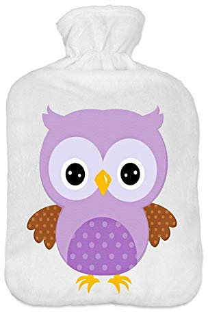 Wärmflasche mit Pullover Bezug 2 Liter Bettflasche mit schönen Fleece-Druck Bezug Gummi Wärmflasche mit Deckel Lila Eule [092]