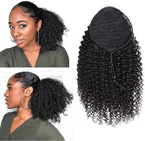 Afro Kinky Verworrene Perücke lockige Clip in Pferdeschwanz Gelockt Welle Haar Perücken mit Kordelzug Haarverlängerunge für African(schwarz) 25cm 120g 009B