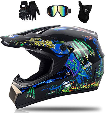 MRDEAR Fullface-Helm Kinder, Graffiti/ Schwarz und Blau, Motocross Helm Set, Motorrad Crosshelm mit Brille (4 Stück) Cross Helm Herren Motorradhelm für MTB Enduro ATV Downhill Off Road,S