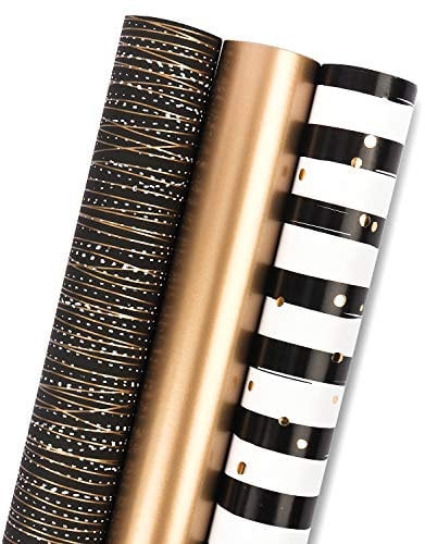 RUSPEPA Rouleau De Papier D'Emballage Cadeau - Mini rouleau - 3 Motifs Différents De Rayures Or Noir (42,5 pieds carrés) - 43,2 cm X 3,05 m Par Rouleau