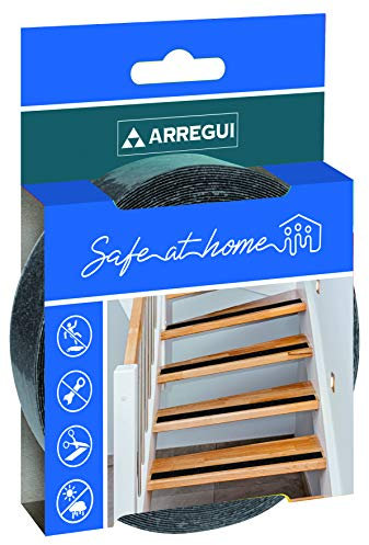 Arregui A-1050056 Cinta antideslizante negra para interior y exterior, alta tracción fuerte, Cinta adhesiva de seguridad para escaleras, peldaños, 15m x 40mm, Negra