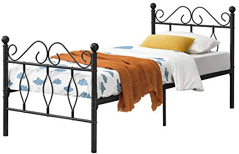 [en.casa] Metallbett 90x200 cm Einzelbett mit Kopf-und Fußteil Bettgestell Gästebett Metallgestell mit Lattenrost bis 200kg Schwarz