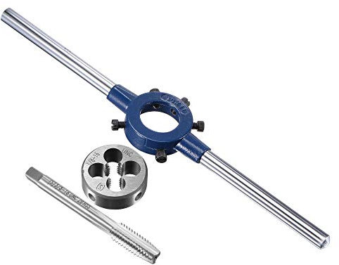 sourcing map 3/8-16 UNC Ensemble Tarauds et Matrices Filière avec 30mm Rond Porte-filière Poignée Clé Haute Vitesse Acier Machine Filetage Robinet et Rond Matrice Filetage Outil