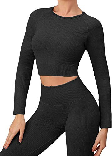 Buscando Womens Gym Sets 2 Piece Long Sleeve Workout Crop Top Tank Ribbed High Waist Seamless Leggings Tracksuits Activewear Yoga Outftis