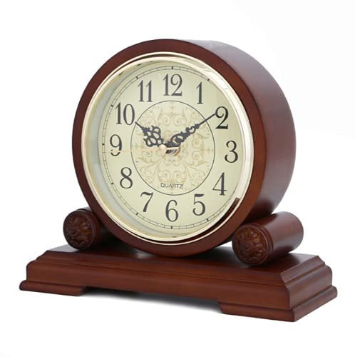 Uhr, handgefertigte Tischuhr aus Massivholz,abtastendes geräuschloses Uhrwerk mit bronzefarbenem Zifferblatt und Zahlen, RetroKaminsimsuhr,braun22cm lang