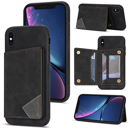 UEEBAI Wallet Case for iPhone X/iPhone XS, Slim PU Leather Case with Card Holders Kickstand Double Magnetic Clasp Durable Skin feel Shockproof Flip Folio Cover - Black
