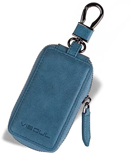 VISOUL Echt Leder Schlüsselanhänger Schlüsseltasche Auto Schlüssel Anhänger Antik Vintage Karabienerhacken Tasche Reißverschluss D02 Blau