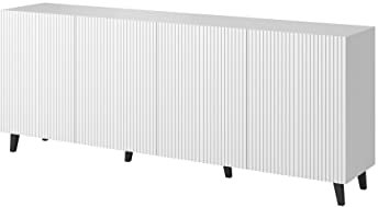 BIM Furniture Kommode Pafos 200 cm mit gefräster Front MDF 4 Türen Sideboard Highboard Schrank offene Regale Büfett (Weiß)