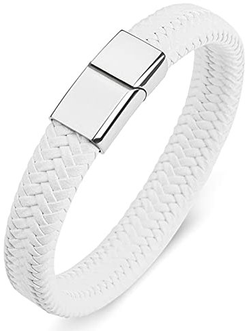 Dsnyu Leder Armbänder Jungen, Weiß Armbänder Cool Armband Geflochten mit Magnet 20cm Einfach Retro Armreif zum Valentinstag