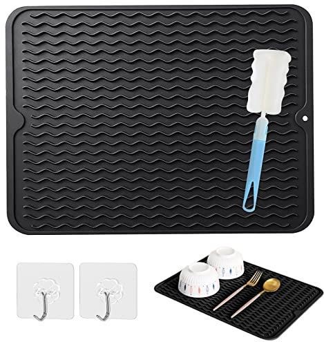 ZOCONE Escurreplatos Silicona Negro, Alfombrilla Escurreplatos de Silicona 40 x 50 cm Antideslizante Escurreplatos Alfombrilla Resistente al Calor Alfombrilla para Secar Platos con Cepillo y Ganchos