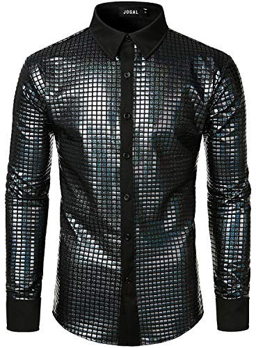 JOGAL Herren Langarm Pailletten Kleid Glitzer Hemd 70er Disco Party Kustüm Schwarz Groß