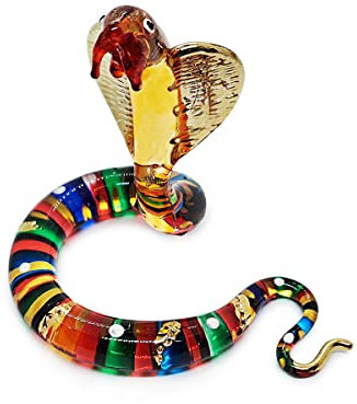 Kobra-Schlange, mehrfarbig, Glasschlange, 5.4 cm Lx3.8 cm Bx5.1 cm H, Figur – Sammlerstück, Tierkunst, bunt, mundgeblasen, bemaltes Glas, Miniatur-Tischdekoration, Geschenk, Souvenvenvenir IR