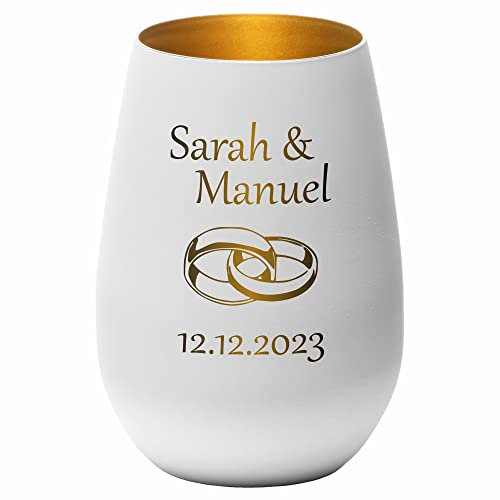 4you Design Windlicht zur Hochzeit personalisiert, Motiv Ring 2 Namen, Datum graviert (Metall-Weiß-Gold), Hochzeitsgeschenk für das Brautpaar, Teelichthalter zur Trauung, Jahrestag, Jubiläum