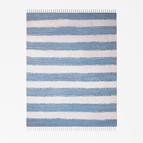 MY-RUG Chindi Fleckerlteppich 120 x 170 cm - Hellblau Weiß gestreift, handgewebt, recycelte Baumwolle als Flickenteppich und Wendeteppich, moderner Kelim Teppich Aarav