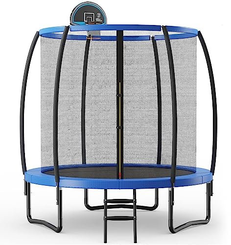 GYMAX Ø244/305 cm Trampolin mit Basketballkorb & Leiter, Gartentrampolin mit Sicherheitsnetz & Randabdeckung, Kindertrampolin GS Zertifiziert, Outdoor Trampolin für Kinder & Erwachsene (Ø244 cm)