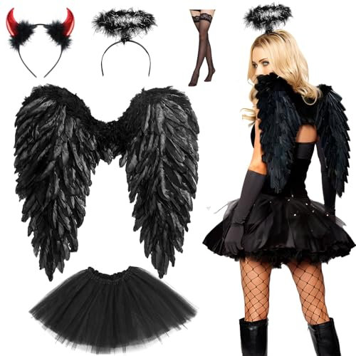 Hook Engelsflügel mit Heiligenschein,Engel und Teufel Flügel Kostüm für Damen und Mädchen Kinder für Halloween Karneval Cosplay Party Fasching Kostümparty Verkleidung-Schwarz