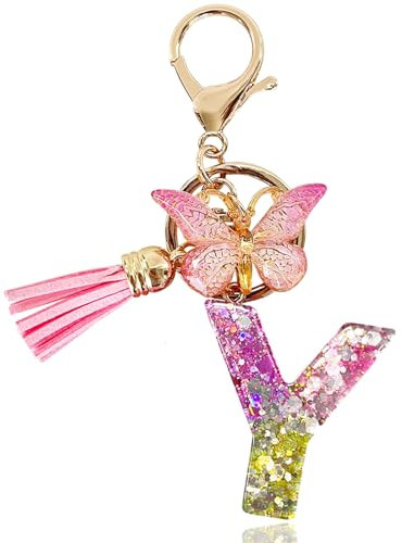 Yanmucy Buchstaben Schlüsselanhänger Mädchen Ringe Lila Niedlich Schlüsselanhänger Glitzer mit Schmetterling Quasten Harz Keychain Aesthetic für Tasche Charme Frauen Mädchen Tasche Dec (Y)
