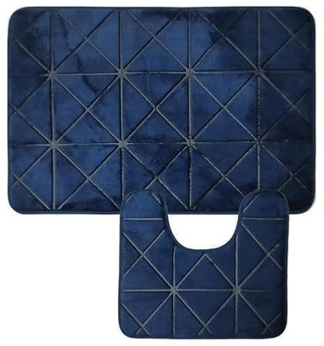 Vivo Technologies Set of 2 Bath Mat Super Soft Memory Foam Non Slip Bathroom Mats with Water Absorbent, Machine Washable Toilet Mat, 50 X 80 cm bath rug and 45 X 37.5 cm toilet pedestal,Blue Lattice