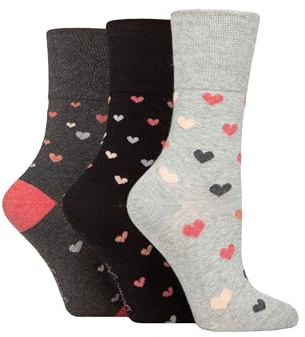 SockShop Gentle Grip Ladies Floral Spotted Patterned and Striped Honeycomb Top Cotton Socks in a Multipack of 3 Assorted Colours Size 4-8 Queen of Hearts Charcoal Melange