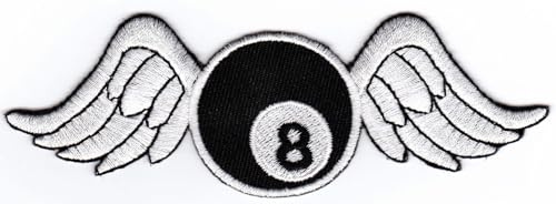 Billard Kugel 8 Ball Flügel Aufnäher zum aufbügeln oder aufnähen Bügelbild Aufbügler für Kleidung gestickter Bügelpatch Applikation Billiard Patch Größe 12 x 4 cm