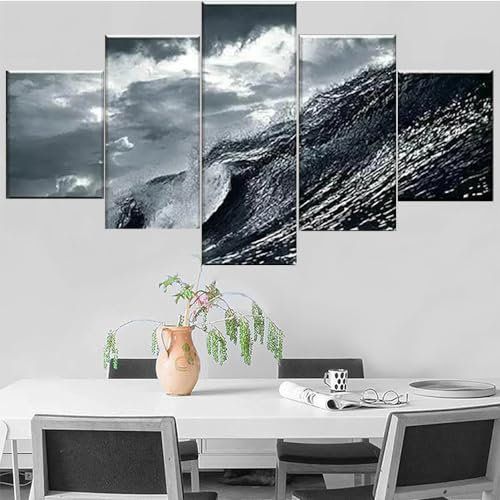 5 teilige leinwandbilder Monochrome Wellen-Meereslandschaft Kunstdrucke 5 Teilig Vlies Leinwandbild,Wandkunst 5 stück Leinwand Bilder,Wohnzimmer Schlafzimmer Wand Dekoration,mit rahmen 200x100cm