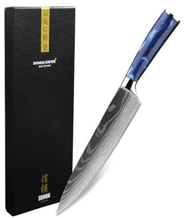 Shinrai Japan - Japans Koksmes 20 cm - Koksmes - Damascus Mes - Damascus Print Epoxy Sapphire - Met Luxe Geschenkdoos