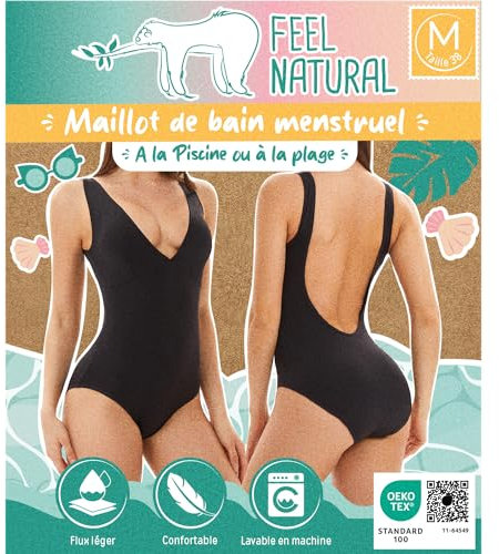 Maillot de bain menstruel Noir 1 Pièce - Taille M - Feel Natural - Maillot de Bain pour Femme et adolescente - Lavable - Anti Fuite - Confort Hygiénique - Protection Absorbante - Flux Leger