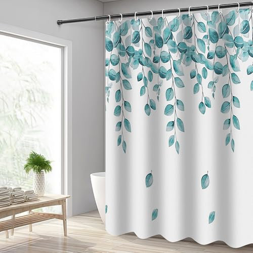 Hoomtaook Duschvorhang 180x200cm Grün Blätter, Duschvorhang Wasserdicht Textil Polyester Waschbar mit 12 Duschvorhang Haken, Duschvorhang mit Gewicht Unten