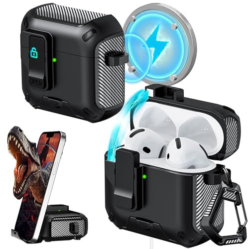 RFUNGUANGO Kompatibel mit AirPods 4th Hülle mit Reinigungsstift, Verriegelungsclip, Rundumschutz, Standfunktion und kompatibel mit Magsafe,Schwarz