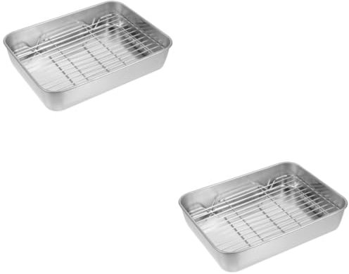 TOPBATHY 2 Sätze Grillpfanne mit Rost Obstschale mit Deckel Backrost zum Backen im Ofen kochplatte grillplatte grillschrank brotbackform kleiner Bräter Backgestell Rostfreier Stahl Silver