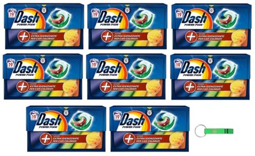8 panni per lavatrice Dash Power Pods in capsule, 19 lavaggi, azione extra igienica per vestiti colorati + portachiavi Beni Culinari