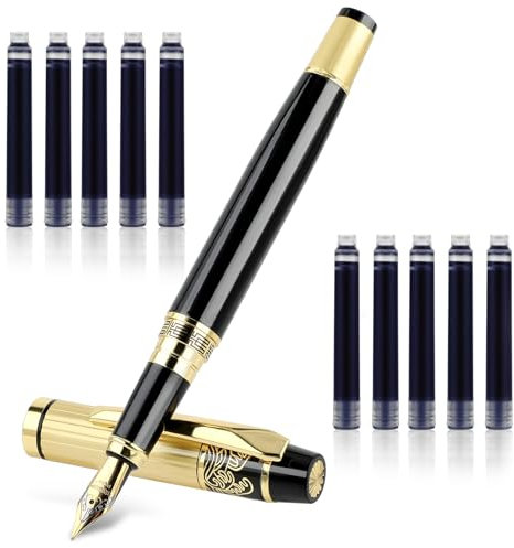 Andibro Metal Fountain Pens, With 10 Black Ink 2.6mm Cartridges, 0.5mm Luxury Fine Point Fountain Pen Business Pen Smooth Writing Stainless Steel Pen Calligraphy Pen for Office School Supplies(Blue)