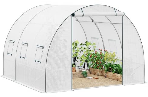 WOLTU Serre de Jardin, Serre de Jardin Tunnel en Tube d’Acier Galvanisé et PE 140g/㎡, 6 Fenêtres Latérales, 1 Porte Zippée Enrouleur, 300x300x200 cm, Blanc