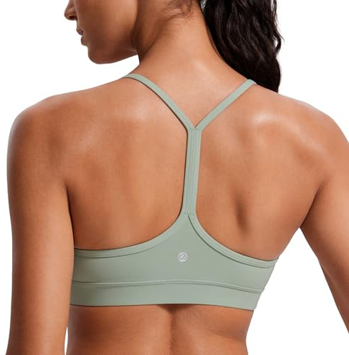 CRZ YOGA Women's Butterluxe Padded Sports Bra - Low Impact Y Back Strappy Bra Racerback Spaghetti Straps Gym Yoga Bras Green Palm Court L