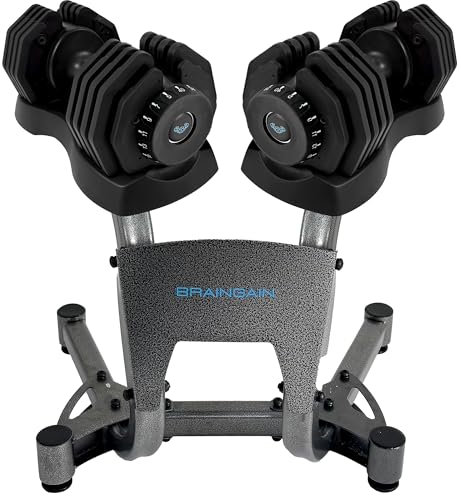 BRAINGAIN 40kg Adjustable Dumbbell Pair + Stand, 17 Weight Settings, Smart-Click Technology for Fast Weight Changes, Anti-Slip Grip, Adjustable Plates, Space-Saving Fitness Dumbbells for Home Training