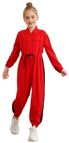 RUNQHUI Arbeitsoverall Kinder Mädchen Cargo Overall Jumpsuit Schutzanzug Arbeitskombi mit Zipper Freizeit Jogger Trainingsanzug Rot 170